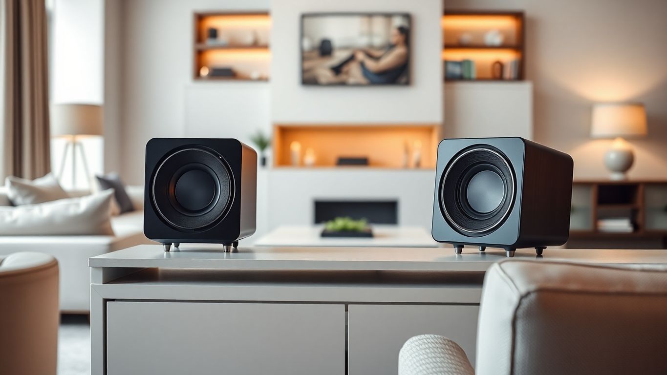 Moderne draadloze speakers in een stijlvolle woonkamer.