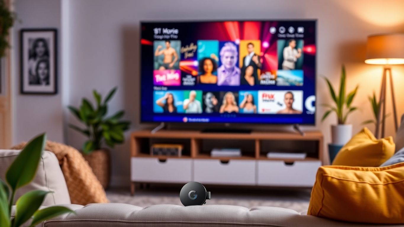Google Chromecast op een televisie in een woonkamer.