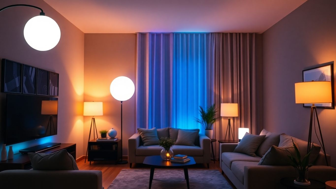 Slimme lampen in een gezellige woonkamer met kleuren.